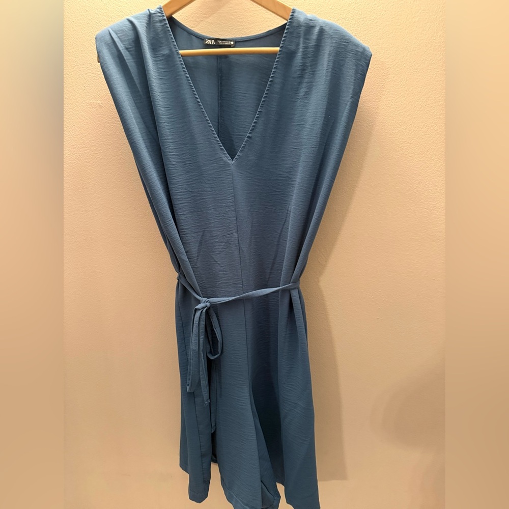 Zara Blue V-Neck Belted Romper Sleeveless Textured Jumpsuit Womens Medium